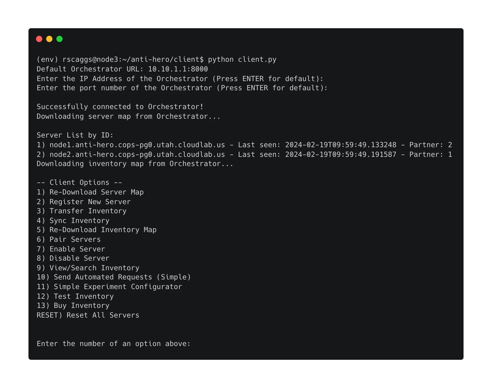 ANTI-HERO interactive test client running in a terminal