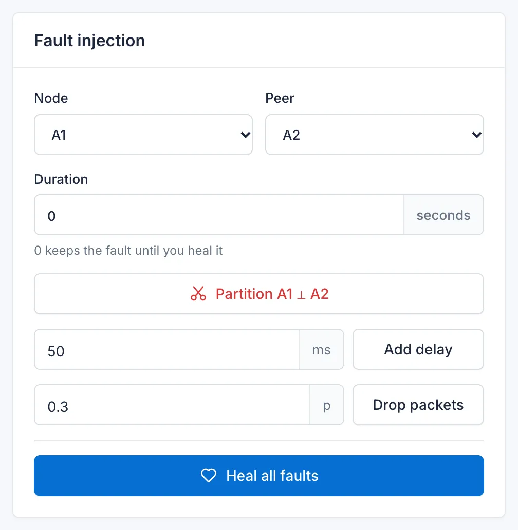 Fault injection panel with partition, delay, packet loss and heal controls