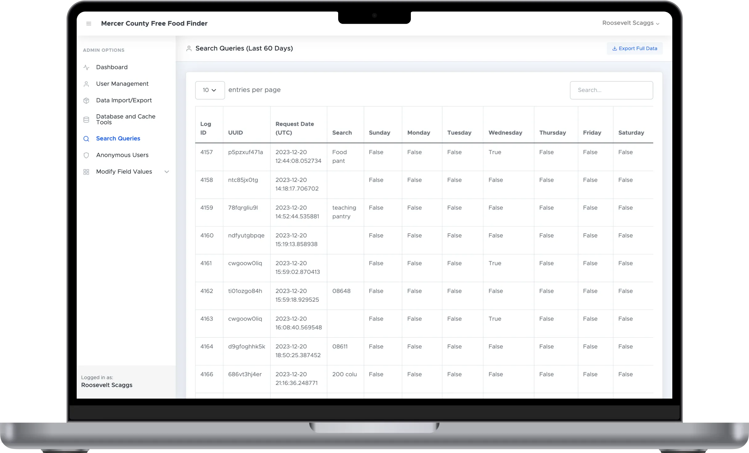 Anonymous user search logs in the admin panel