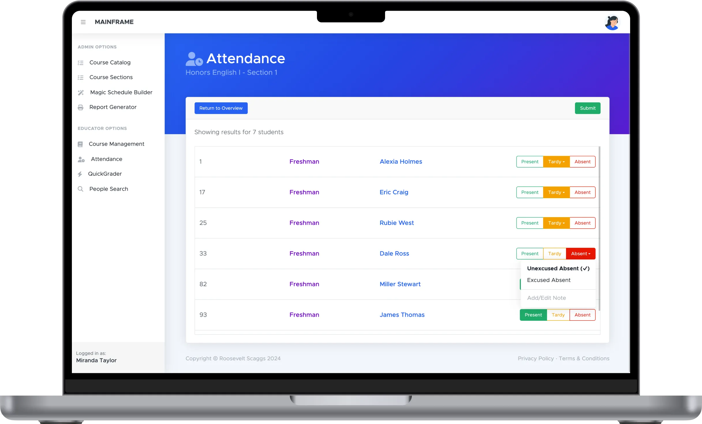 MAINFRAME attendance details on a laptop