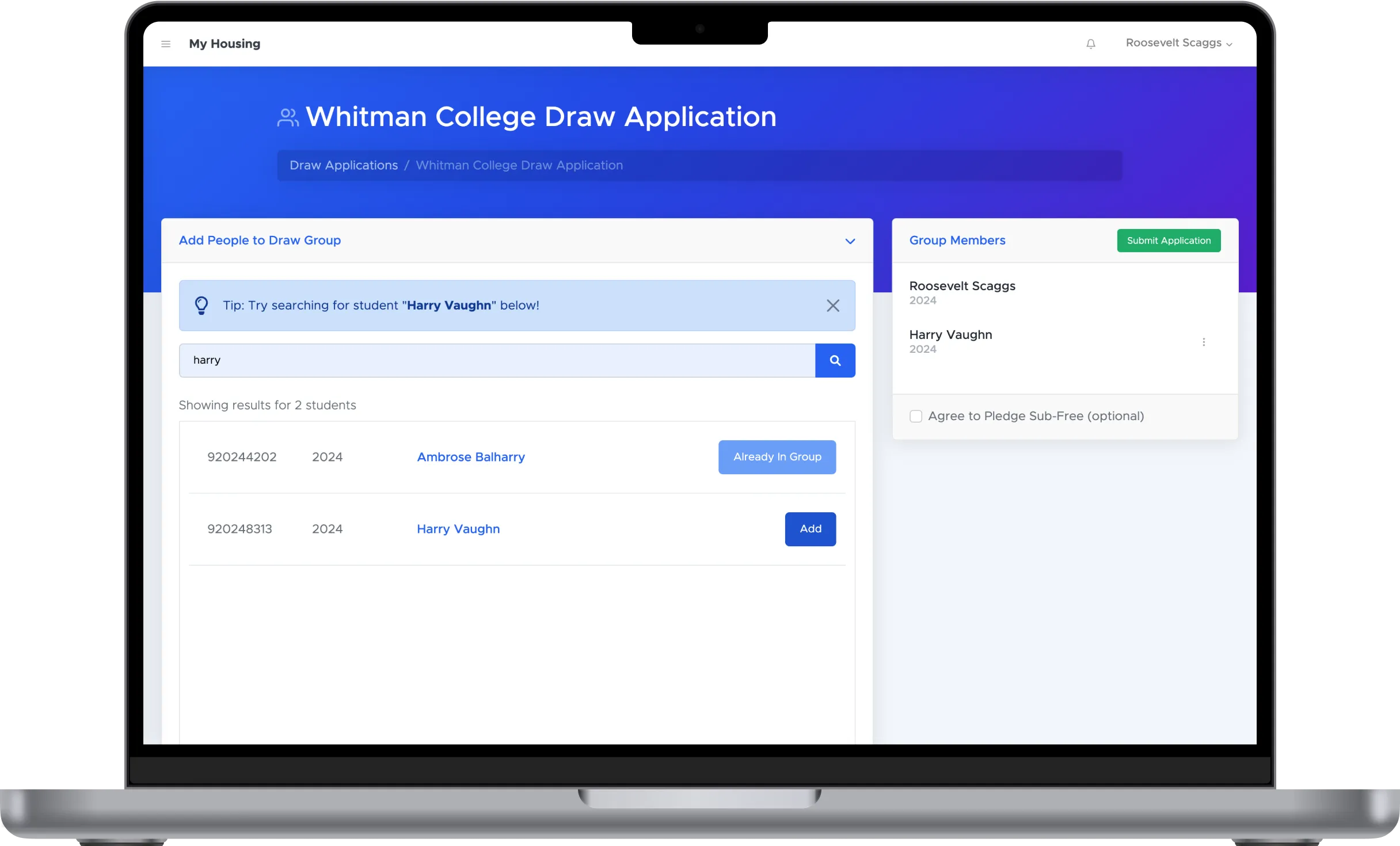 Room draw application form