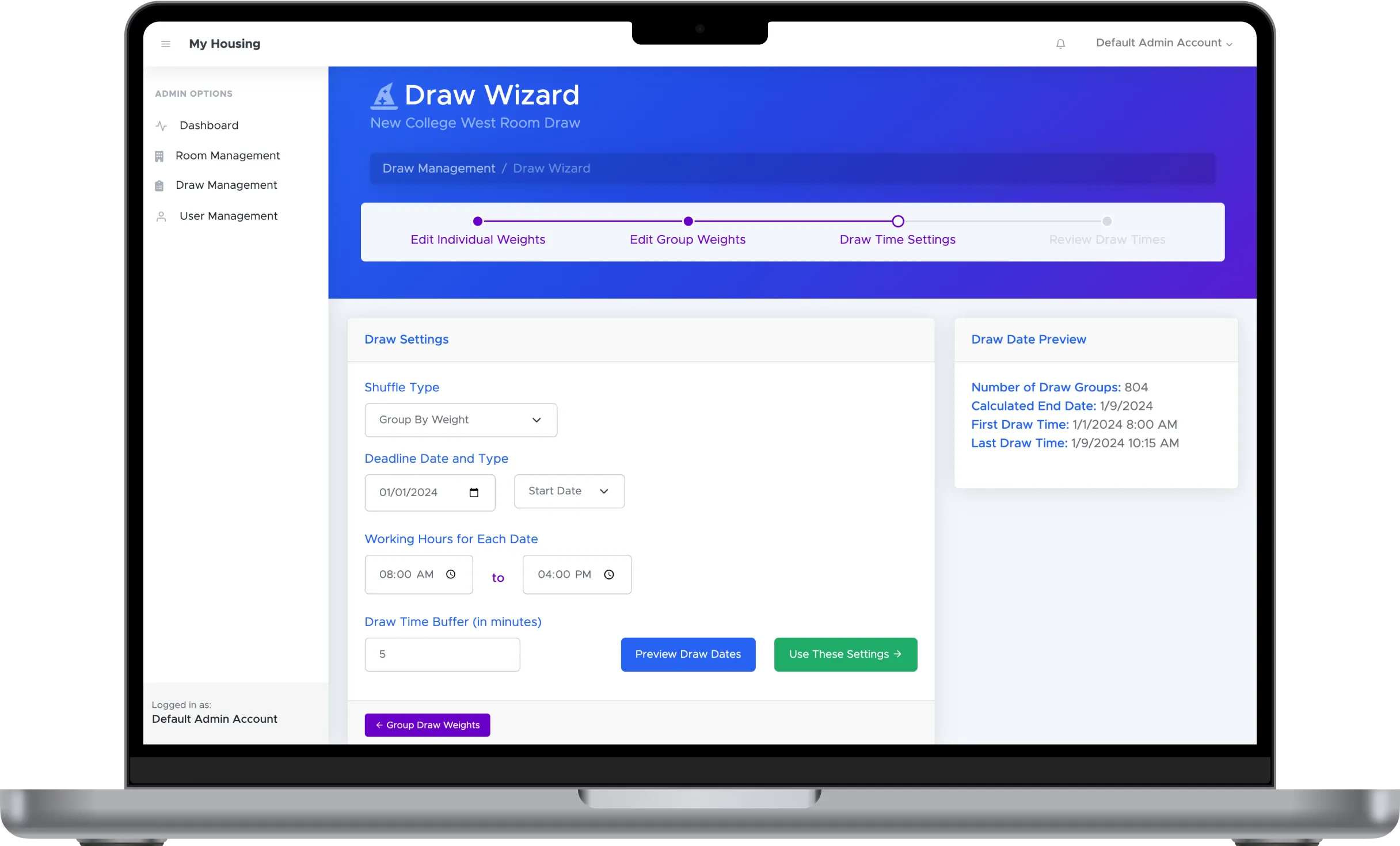 Generated draw times preview