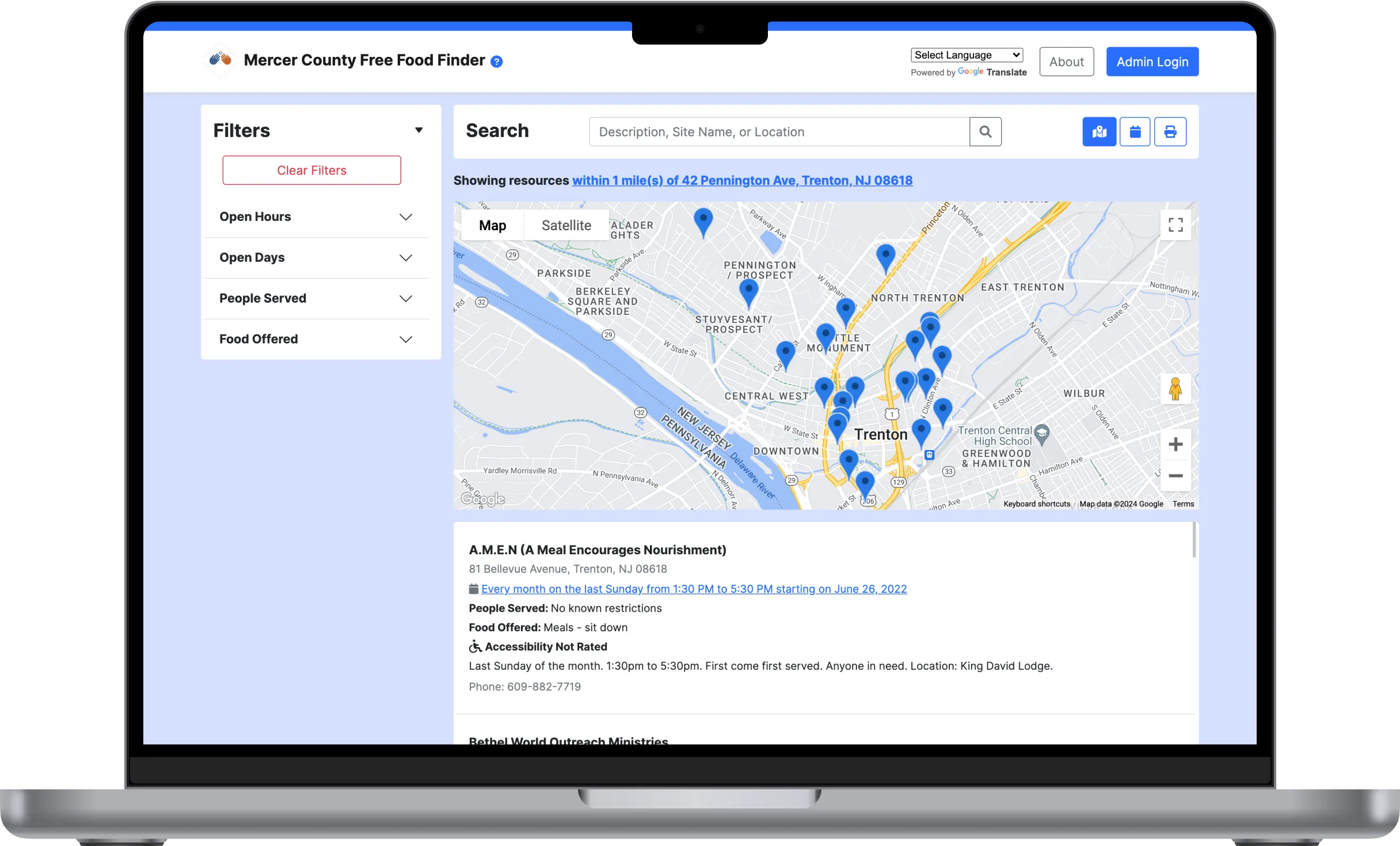 Filtered food resources on the embedded Google Maps widget