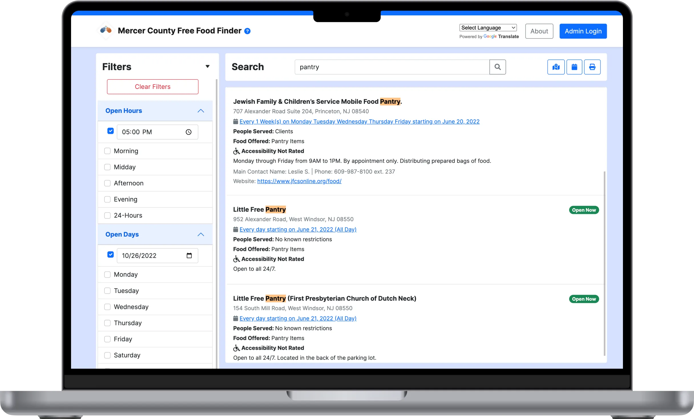 Mercer County Free Food Finder search filters