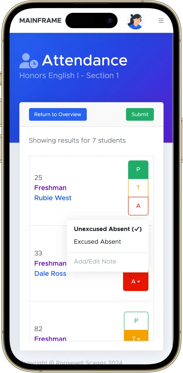 MAINFRAME attendance details on a phone